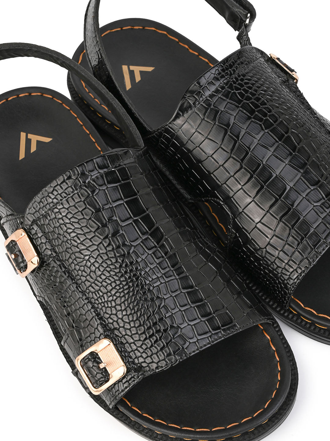 Men's Premium Black Crocodile Pattern Double Monk Strap Sandals