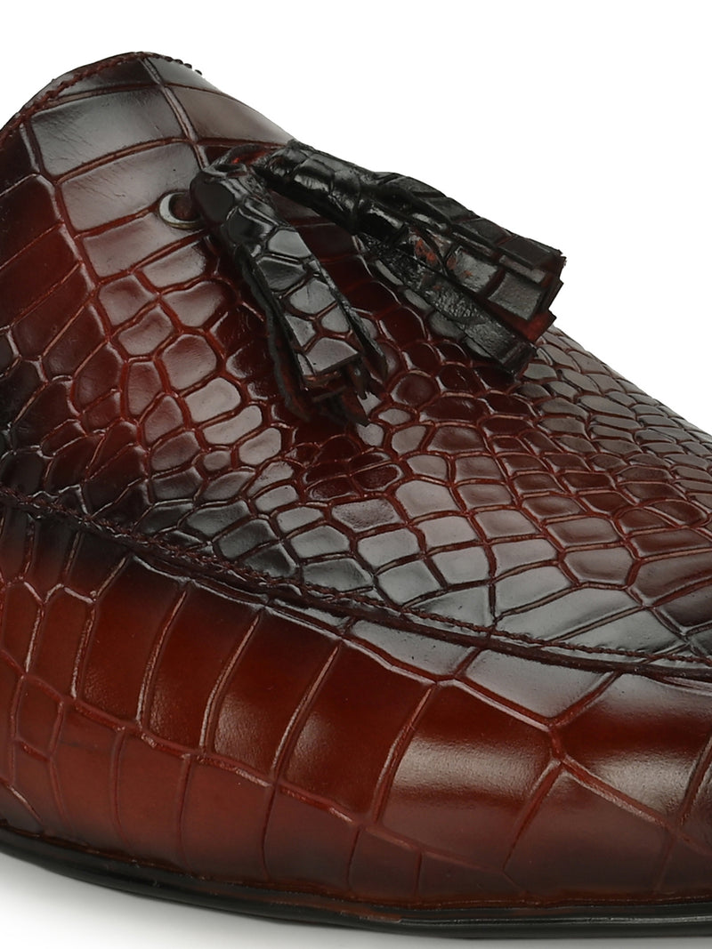 Bordo Leather Textured Tasseled Mules