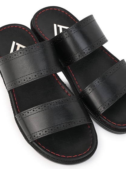 Alberto Torresi PVC Printed Branding Textured Black Leather Men Slippers