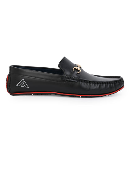 Alberto Torresi Black Round Toe Loafers With Metal Accent