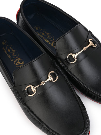 Alberto Torresi Black Round Toe Loafers With Metal Accent