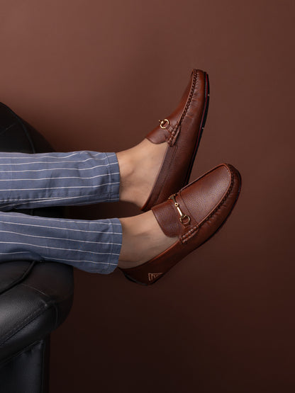 Alberto Torresi Tan Round Toe Loafers With Metal Accent