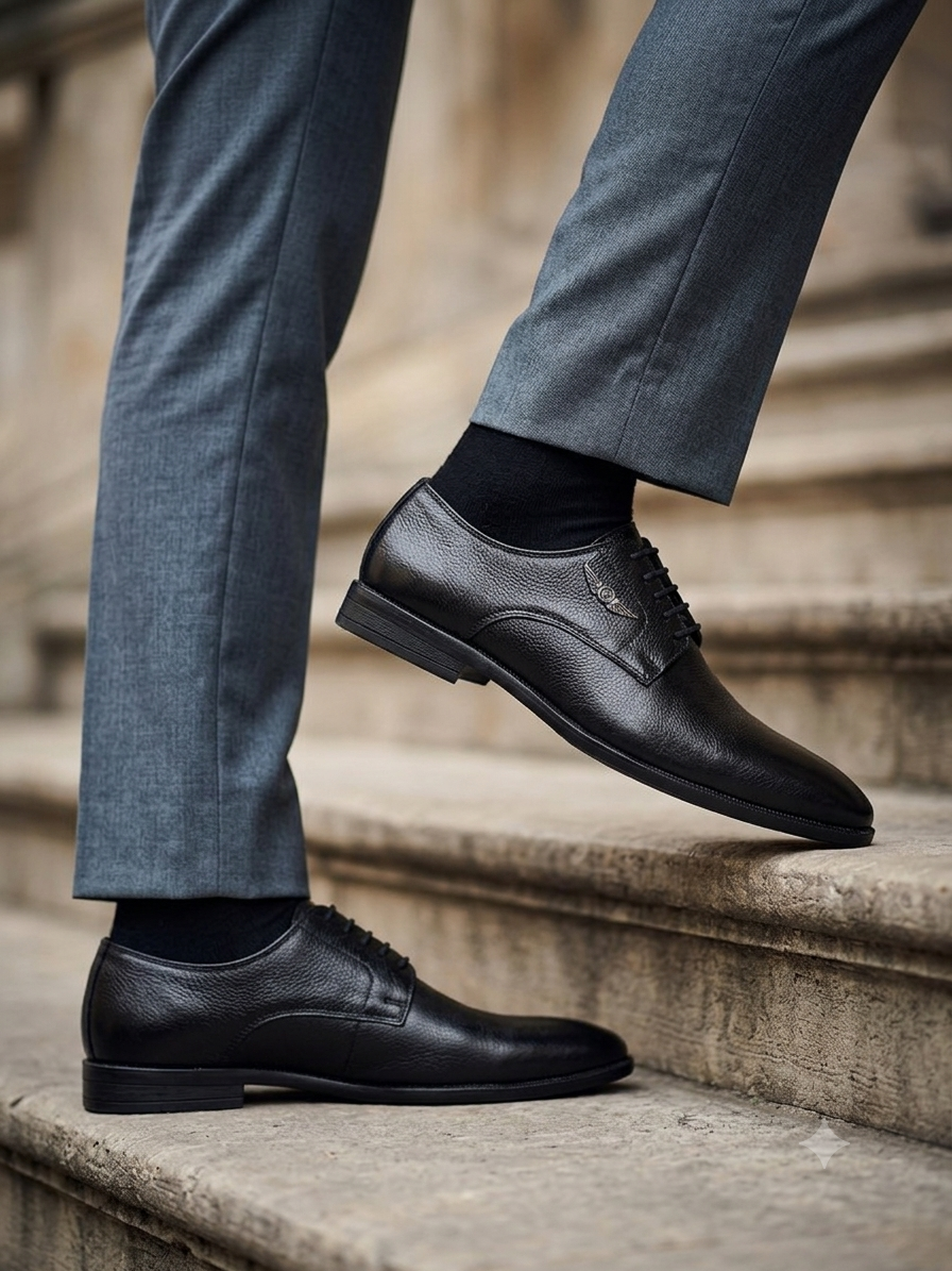 Men Textured Black Leather Lace-Up Formal Shoes with TPR Sole