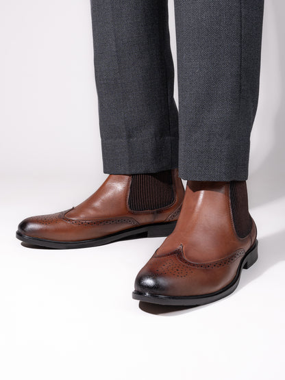 Alberto Torresi Tan Leather Brogue Chelsea Boots for Men