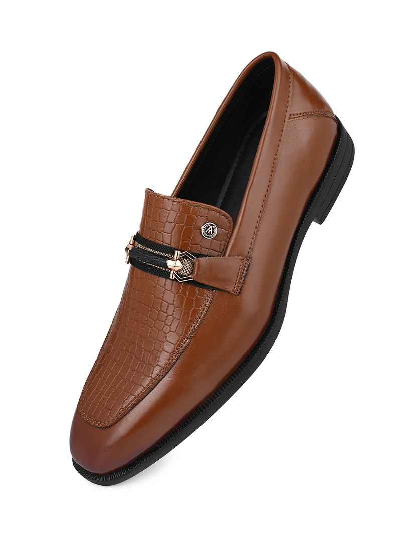 Calabria Tan Loafers for Men - Buckle Slip-On Dress Shoes for Casual & Party Wear