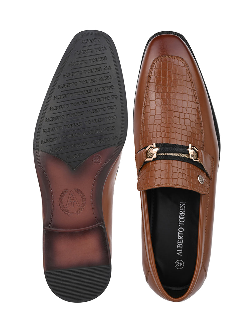 Calabria Tan Loafers for Men - Buckle Slip-On Dress Shoes for Casual & Party Wear