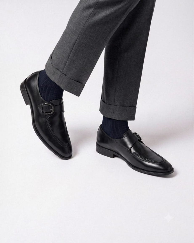 Nobile Black Genuine Leather Monk Strap Shoes for Men - Dress Shoes for Office & Party Wear