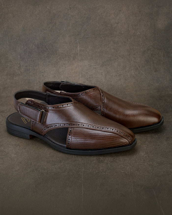 Tavric Brown Embroidered Peshawari Sandals for Men