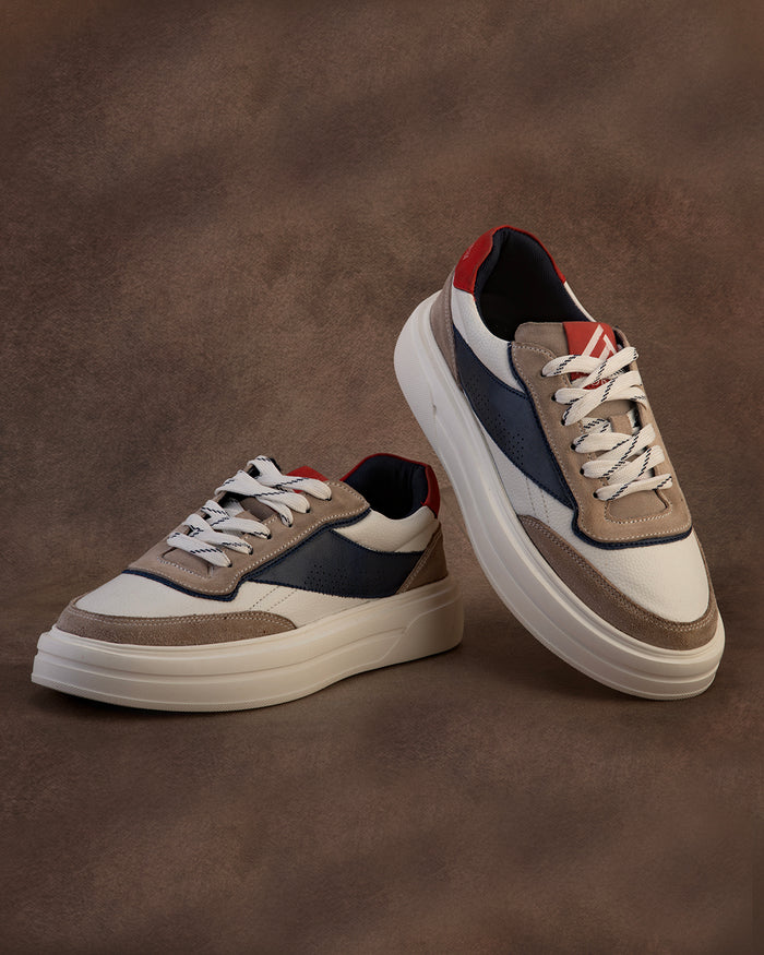 Men's Chunky Sneakers – White, Navy Blue Color-Blocked Lace-Up Casual Shoes