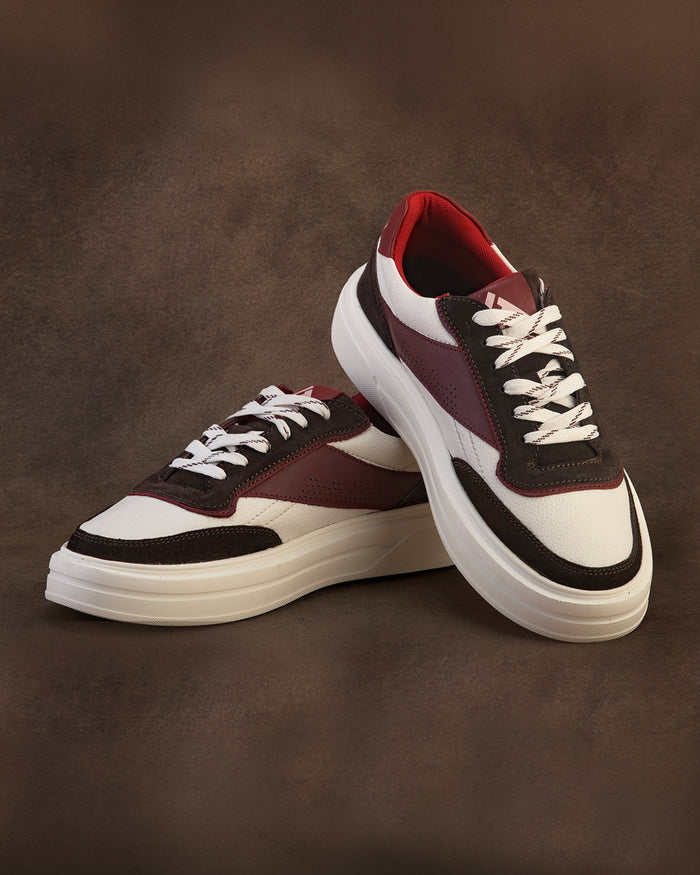 Men's Chunky Sneakers – Bordo, White Color-Blocked Lace-Up Casual Shoes