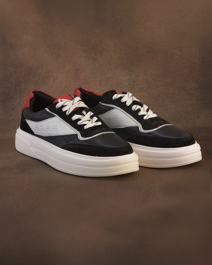 Men's Chunky Sneakers – White, Black Color-Blocked Lace-Up Casual Shoes