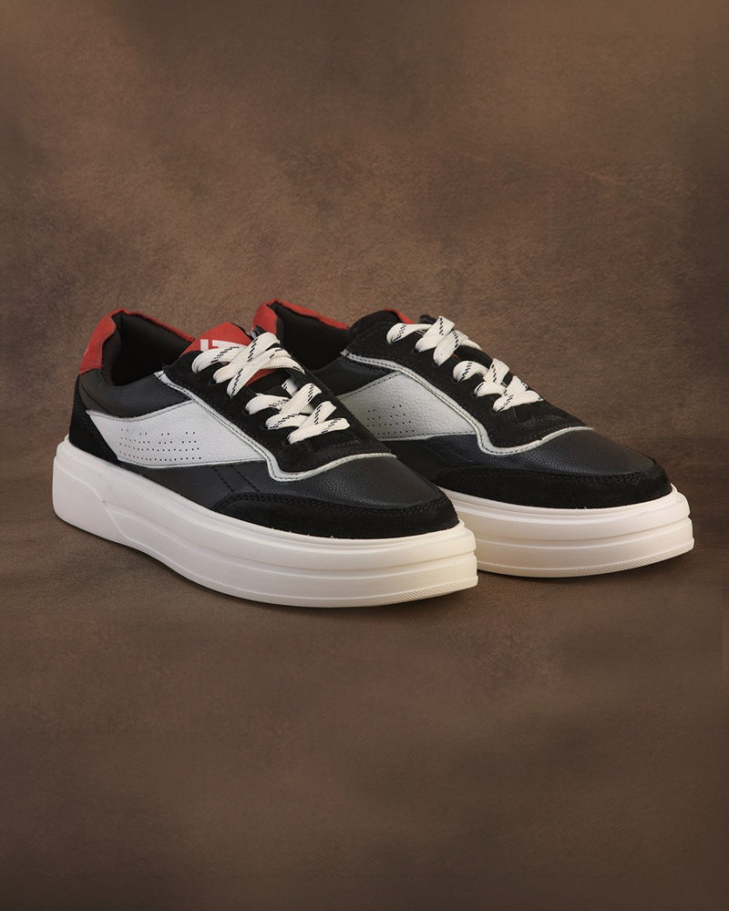 Men's Chunky Sneakers – White, Black Color-Blocked Lace-Up Casual Shoes
