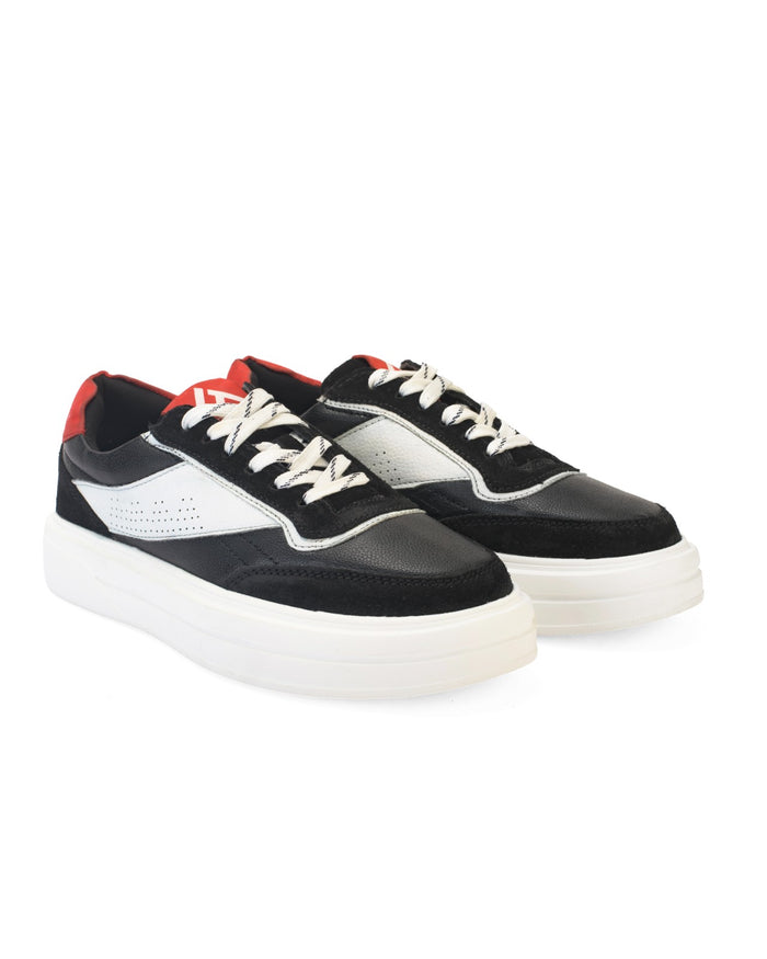 Men's Chunky Sneakers – White, Black Color-Blocked Lace-Up Casual Shoes