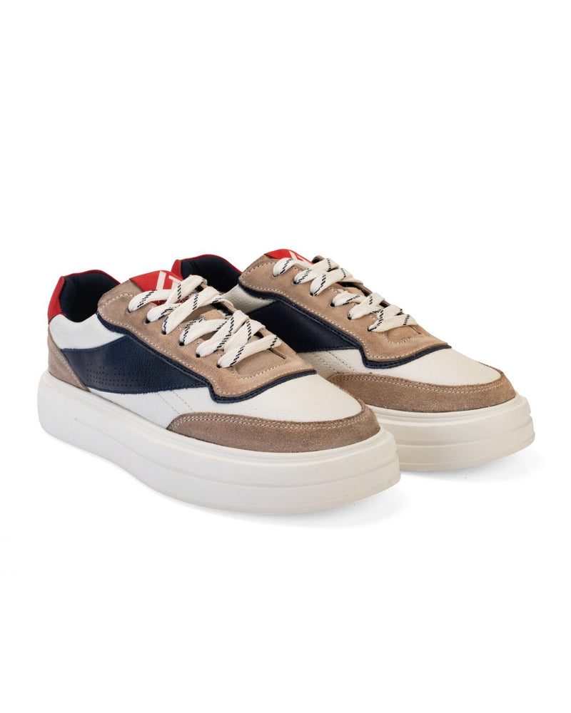 Men's Chunky Sneakers – White, Navy Blue Color-Blocked Lace-Up Casual Shoes