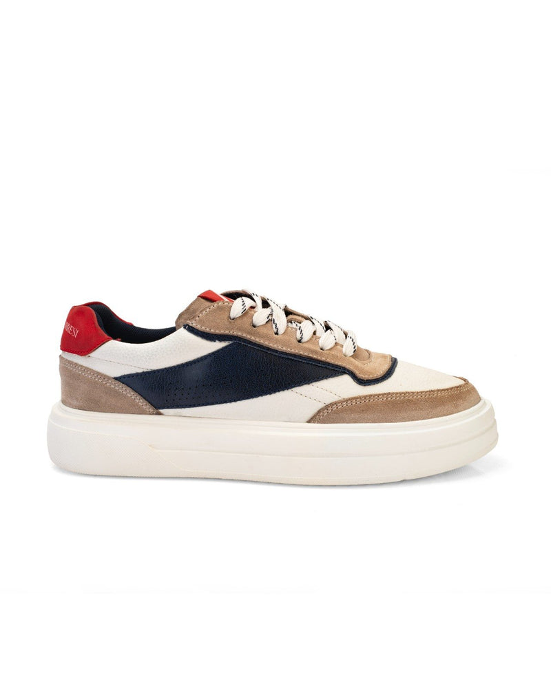 Men's Chunky Sneakers – White, Navy Blue Color-Blocked Lace-Up Casual Shoes