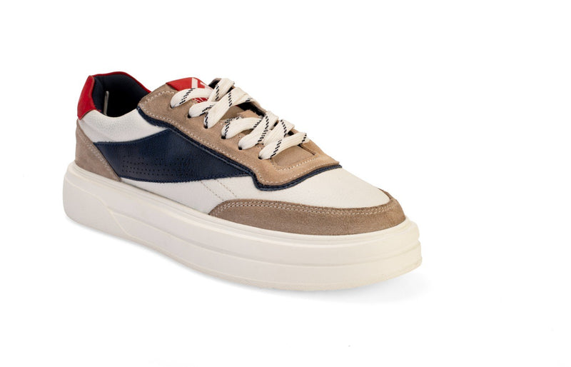 Men's Chunky Sneakers – White, Navy Blue Color-Blocked Lace-Up Casual Shoes