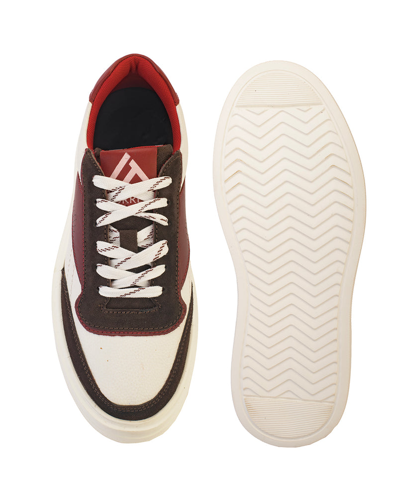 Men's Chunky Sneakers – Bordo, White Color-Blocked Lace-Up Casual Shoes
