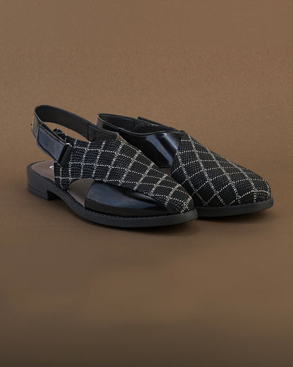 Ravello Black Peshawari Sandals for Men - Backstrap Sandals for Casual &amp; Ethnic Wear