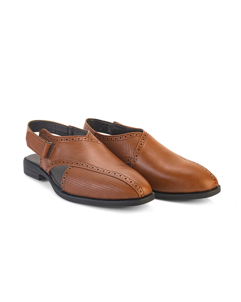 Tavric Tan Embroidered Peshawari Sandals for Men