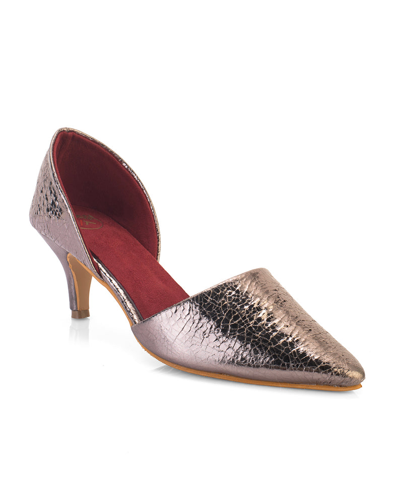 Calyra Grey Cracked Metallic D'Orsay Kitten Heels for Women