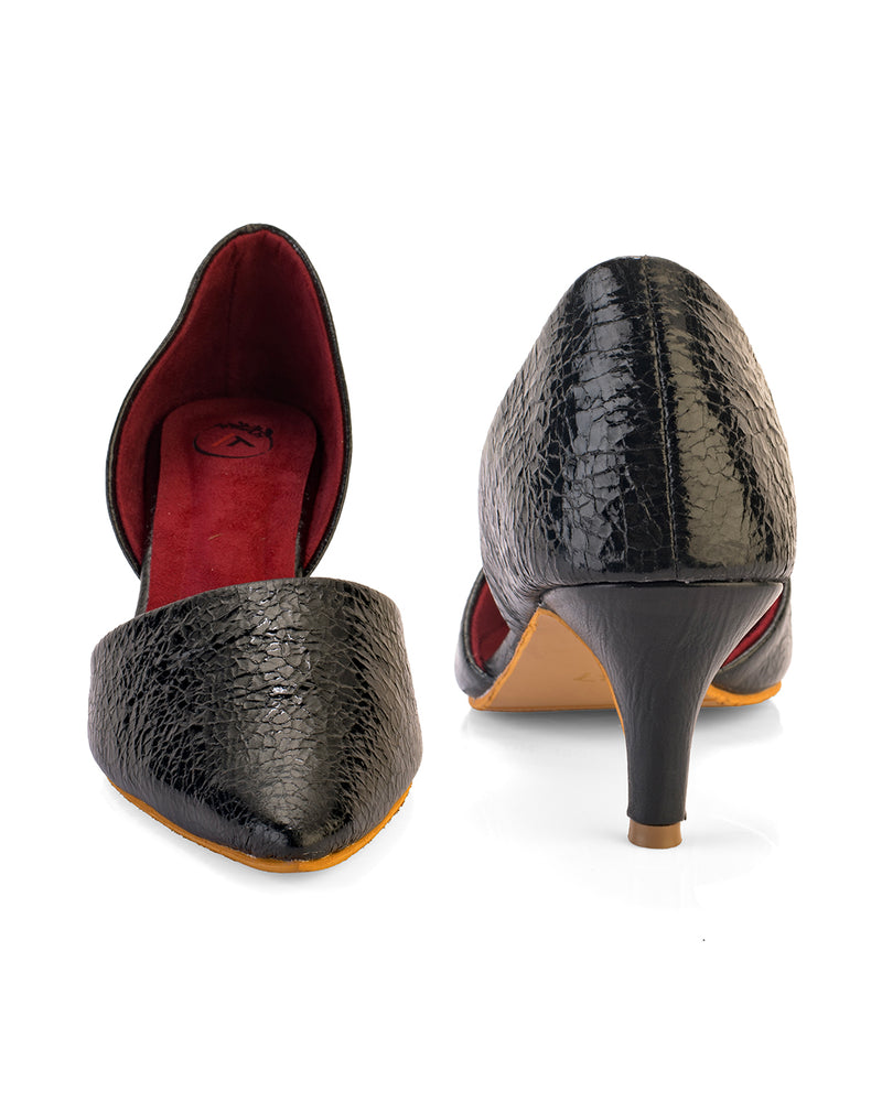Calyra Black Cracked Metallic D'Orsay Kitten Heels for Women