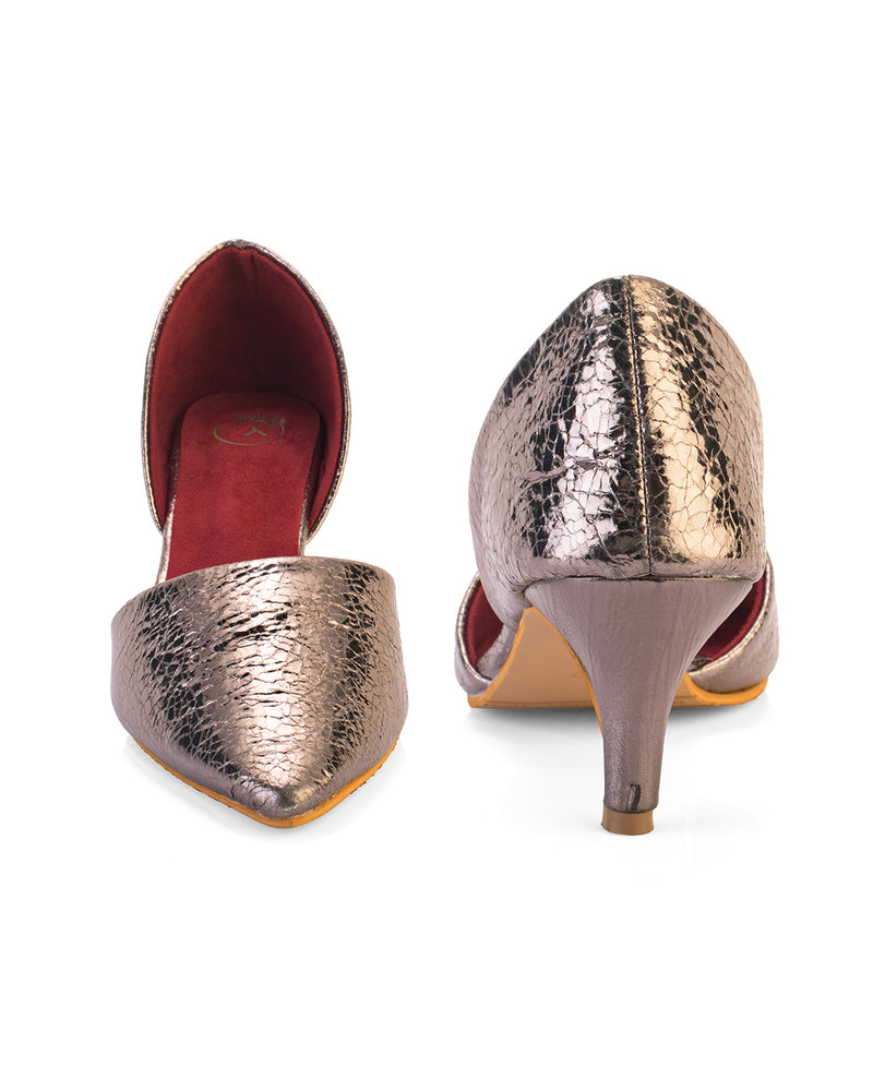 Calyra Grey Cracked Metallic D'Orsay Kitten Heels for Women