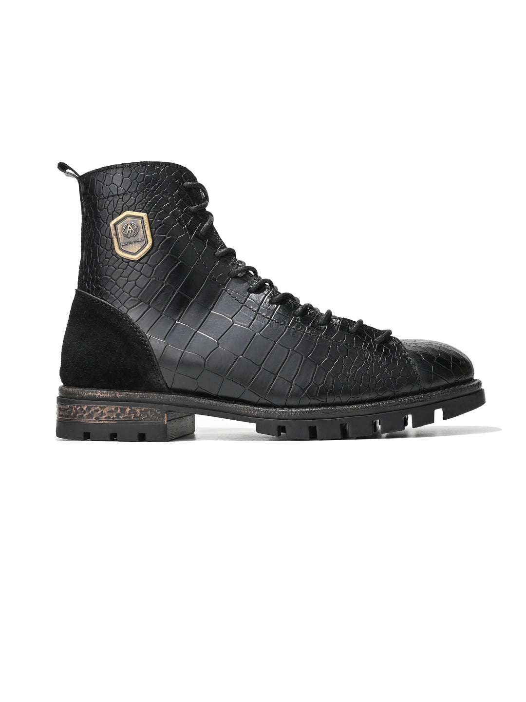 Men Black Croc-Embossed Genuine Leather High-Ankle Boots with Metallic Shield Emblem