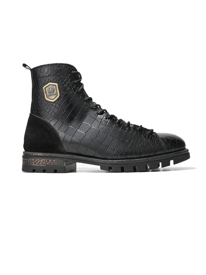 Men Black Croc-Embossed Genuine Leather High-Ankle Boots with Metallic Shield Emblem