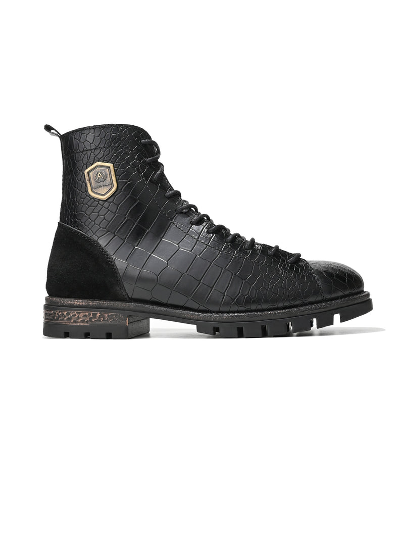 Cavello Black Croco-Embossed Genuine Leather High-Ankle Boots for Men - Premium Boots for Casual & Party Wear