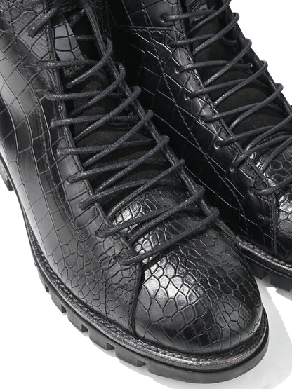 Men Black Croc-Embossed Genuine Leather High-Ankle Boots with Metallic Shield Emblem