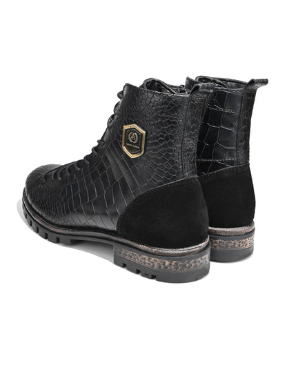 Men Black Croc-Embossed Genuine Leather High-Ankle Boots with Metallic Shield Emblem