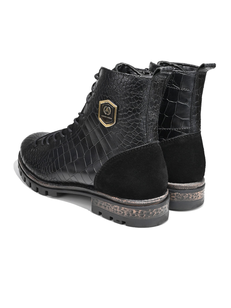 Cavello Black Croco-Embossed Genuine Leather High-Ankle Boots for Men - Premium Boots for Casual & Party Wear