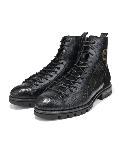 Men Black Croc-Embossed Genuine Leather High-Ankle Boots with Metallic Shield Emblem