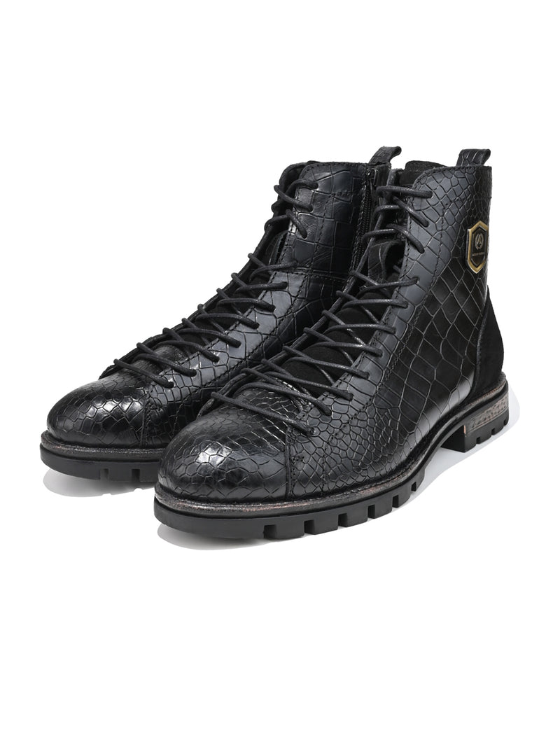 Cavello Black Croco-Embossed Genuine Leather High-Ankle Boots for Men - Premium Boots for Casual & Party Wear
