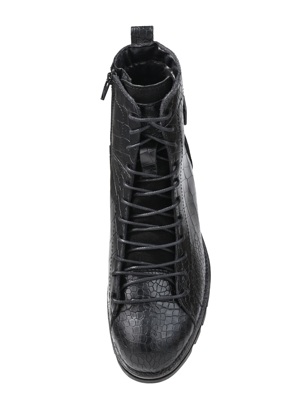 Men Black Croc-Embossed Genuine Leather High-Ankle Boots with Metallic Shield Emblem