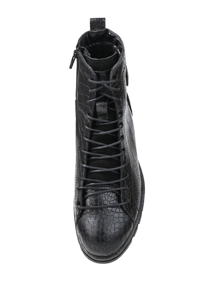 Men Black Croc-Embossed Genuine Leather High-Ankle Boots with Metallic Shield Emblem