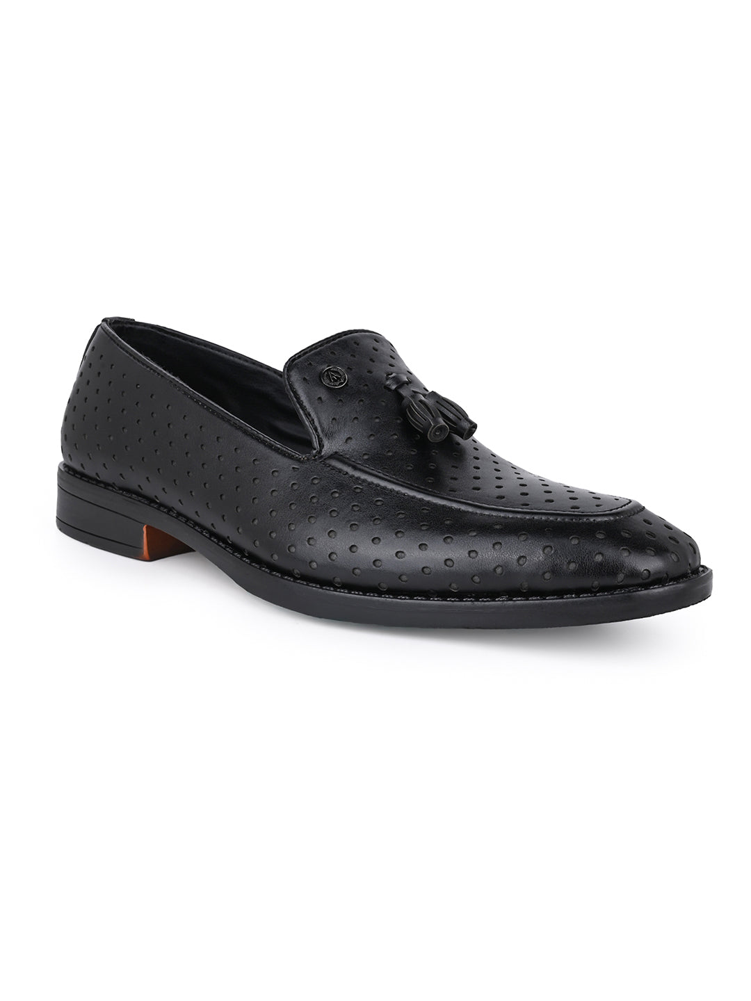 Men Perforated Black Faux Leather Slip-On Tassel Loafers with Metallic Brand Logo