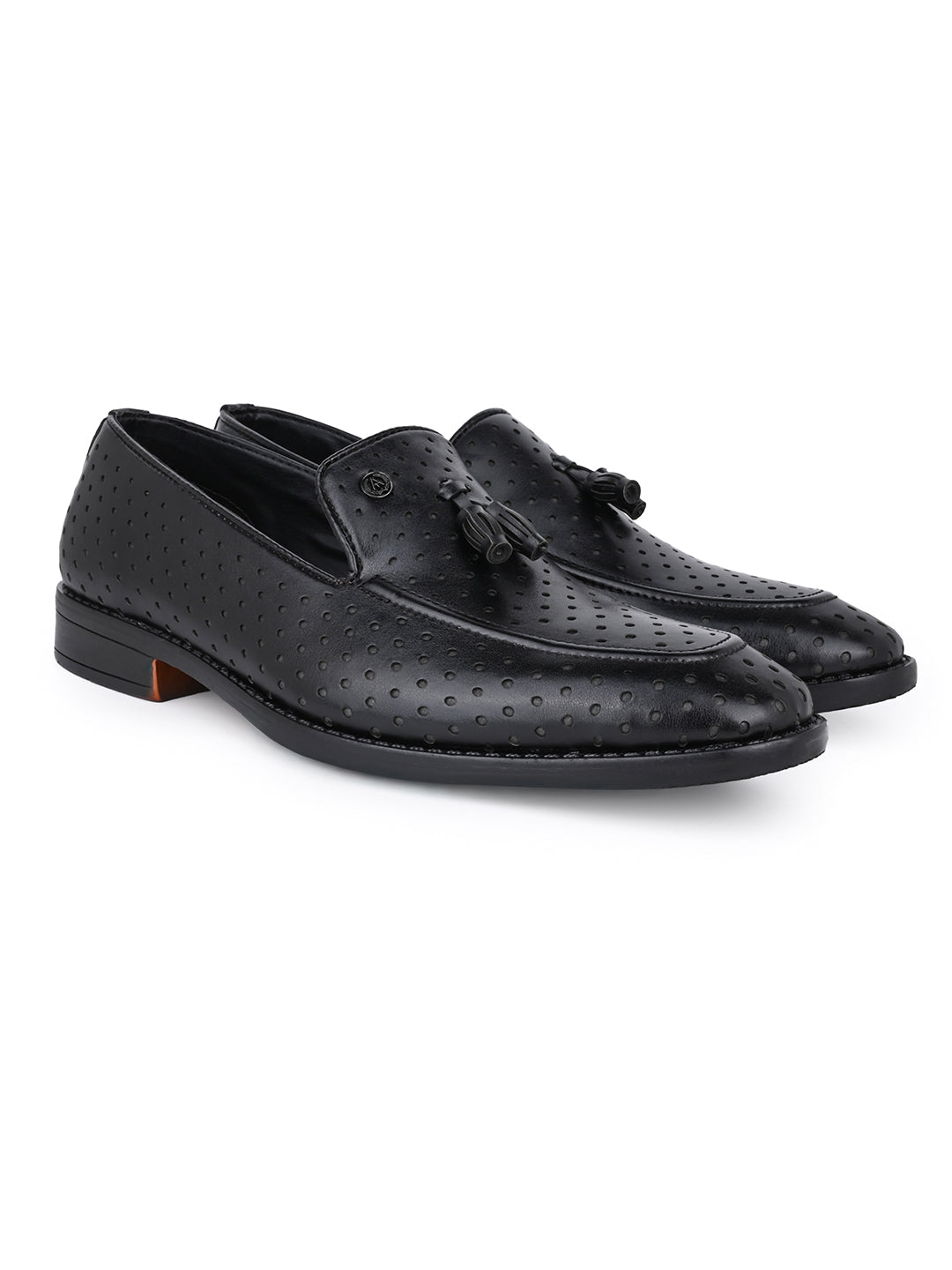 Men Perforated Black Faux Leather Slip-On Tassel Loafers with Metallic Brand Logo