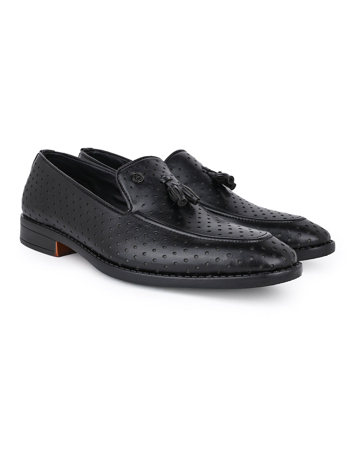 Men Perforated Black Faux Leather Slip-On Tassel Loafers with Metallic Brand Logo