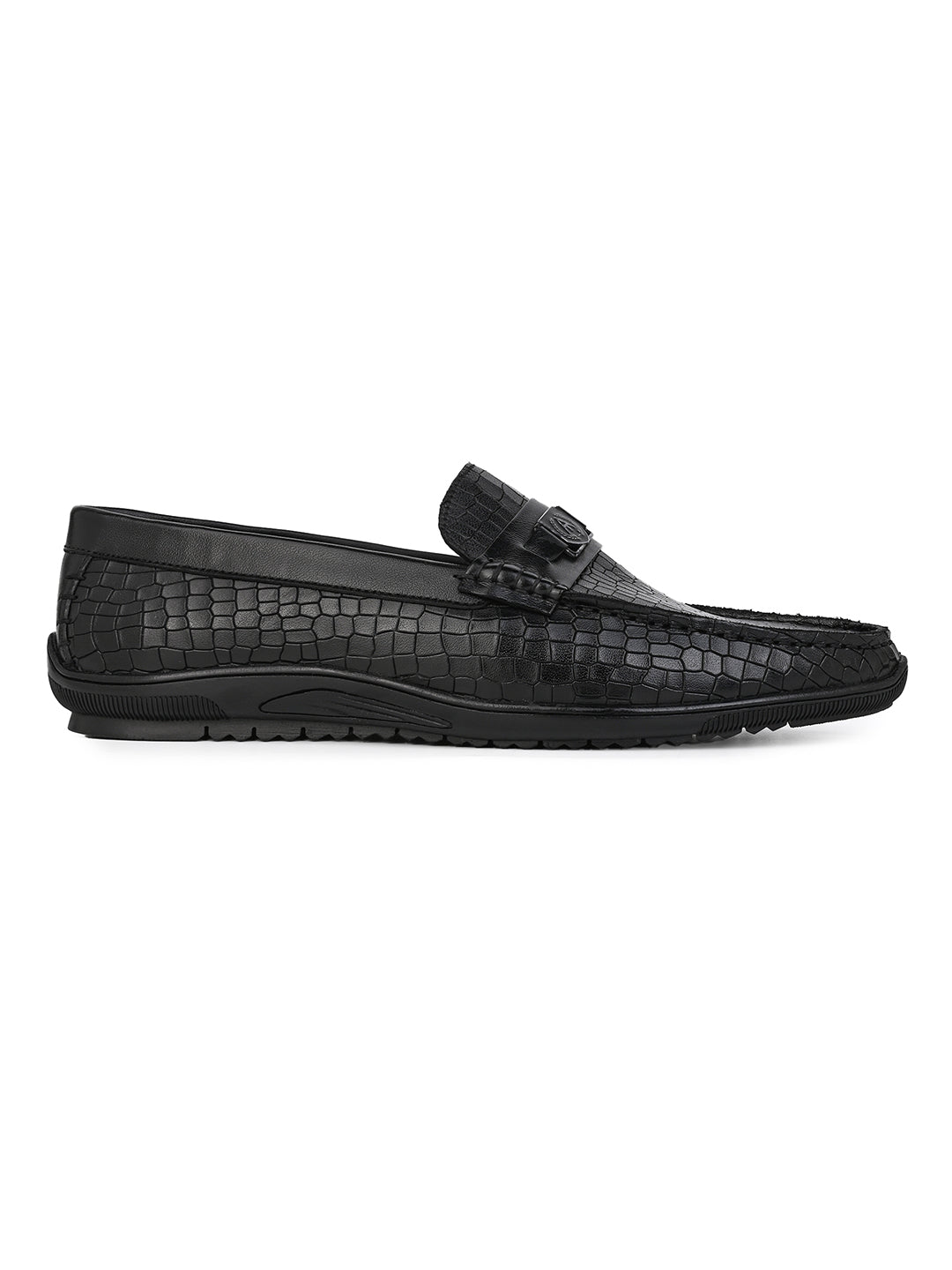 Alberto Torresi Genuine Leather Black Textured Loafers For Men