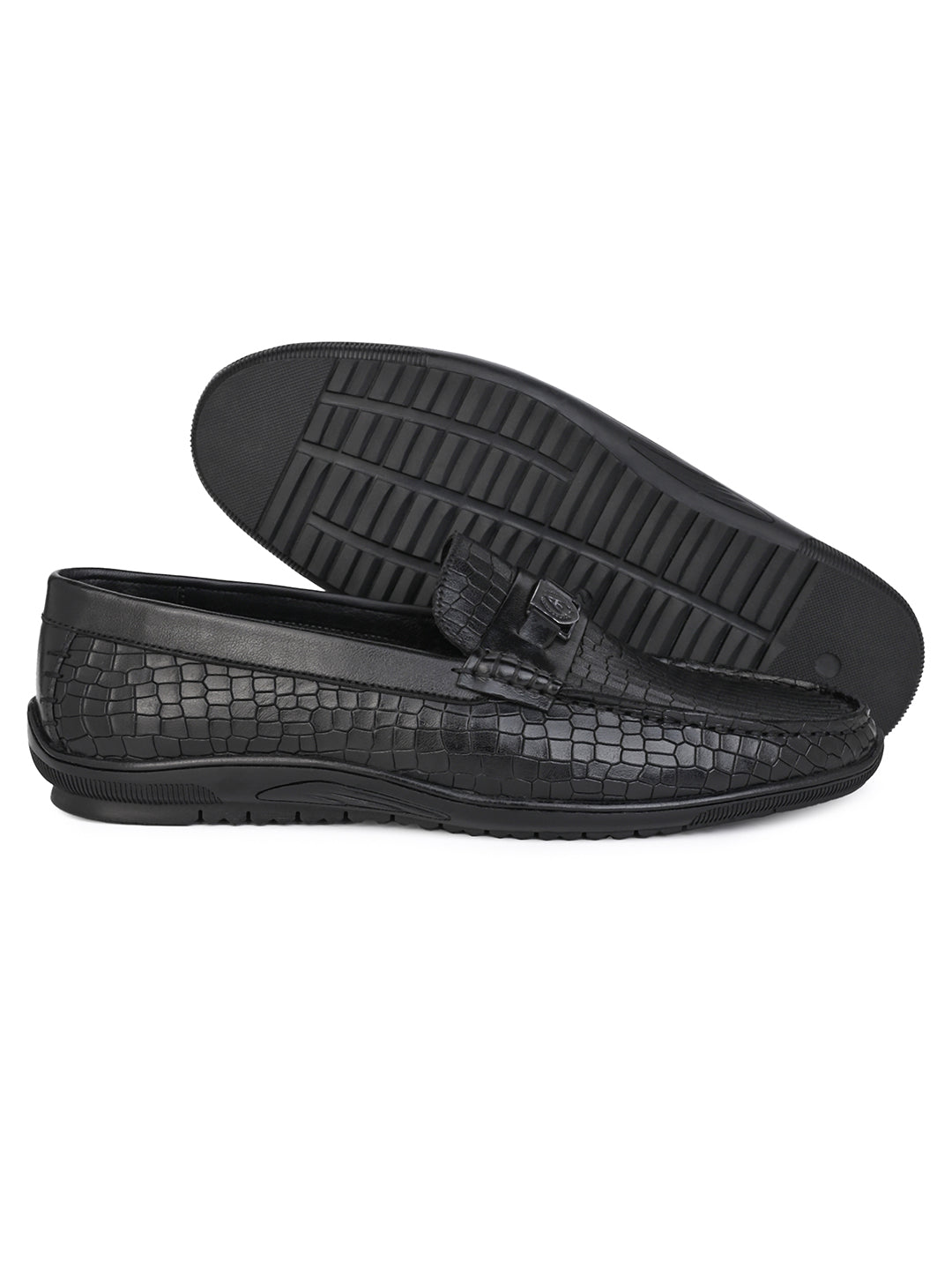 Alberto Torresi Genuine Leather Black Textured Loafers For Men