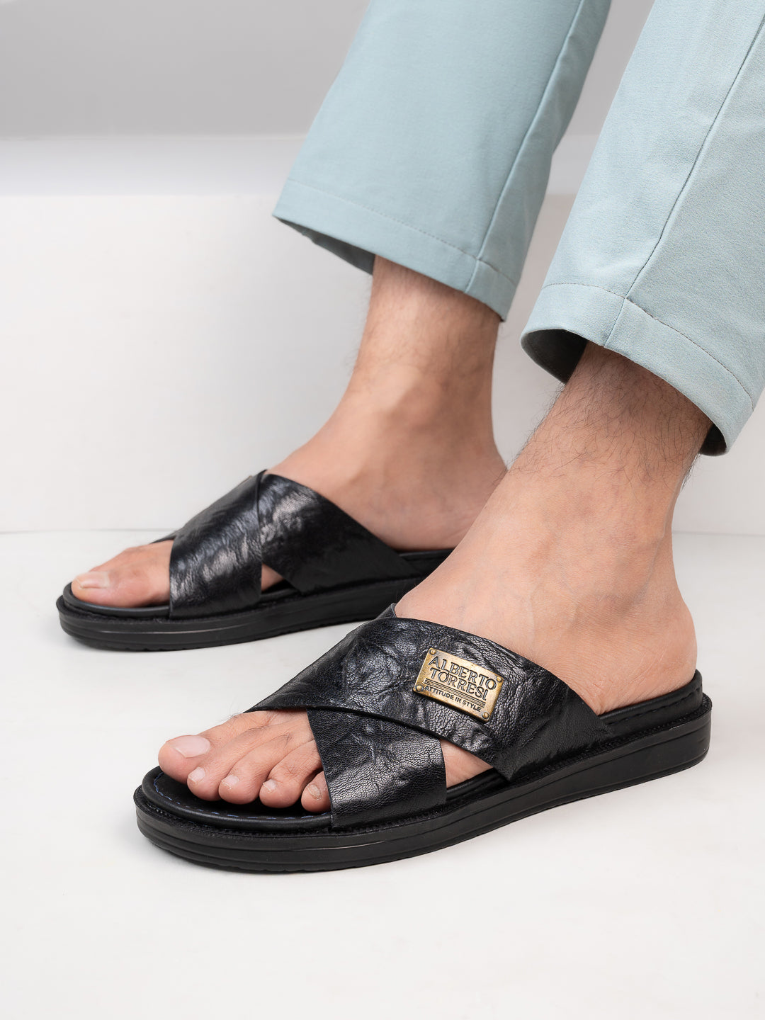 Alberto Torresi Barleta Black Leather Men Slippers