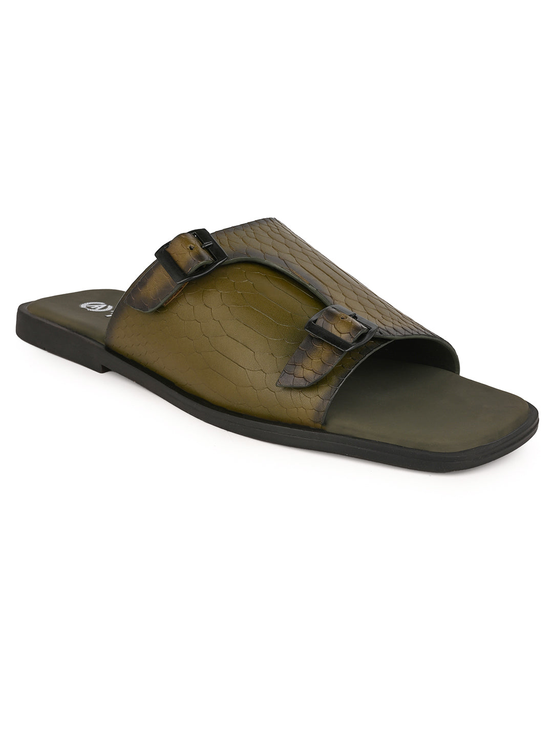Alberto Torresi Men’s Green Textured Leather Monk-Strap Slide
