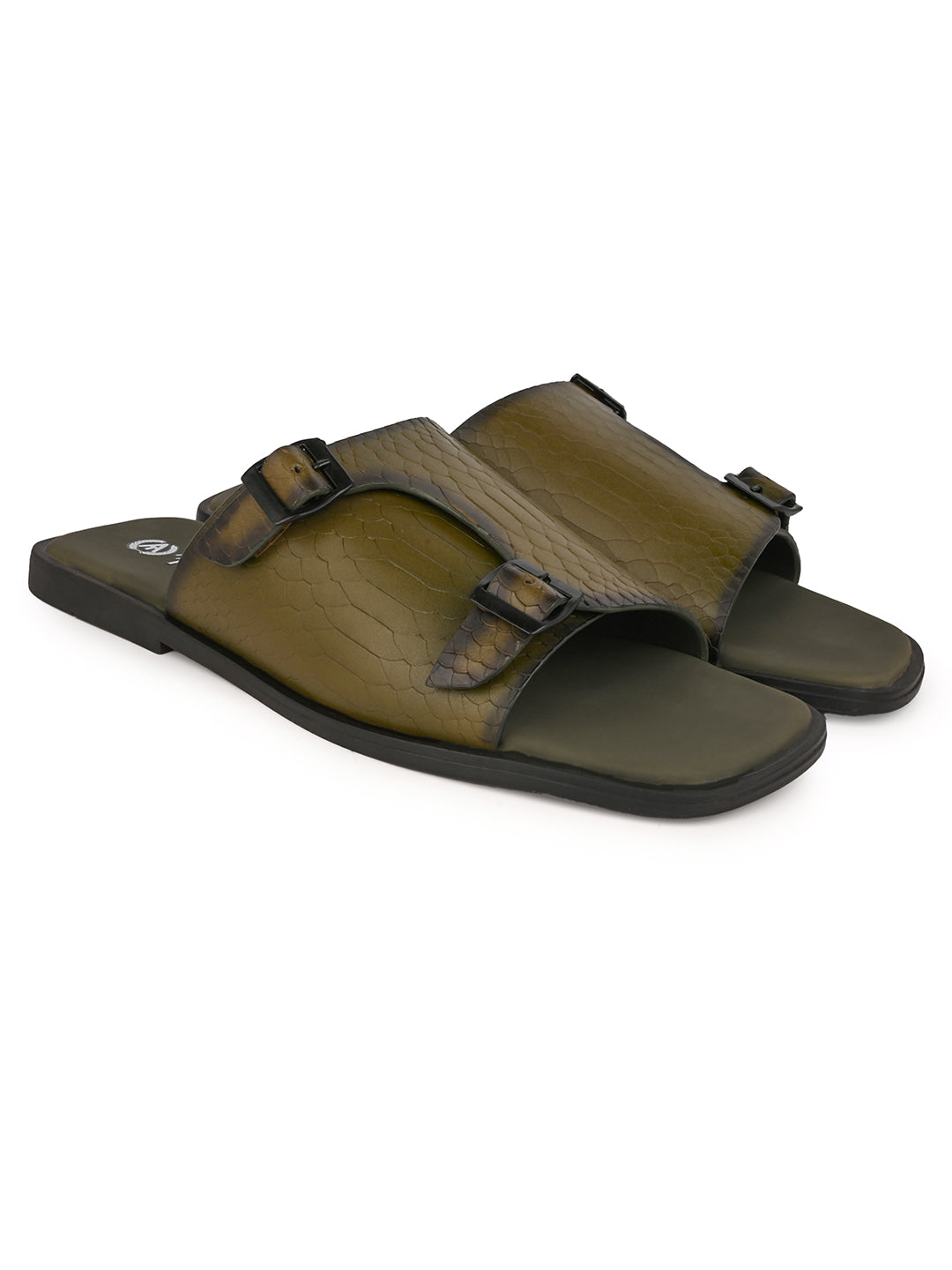 Alberto Torresi Men’s Green Textured Leather Monk-Strap Slide