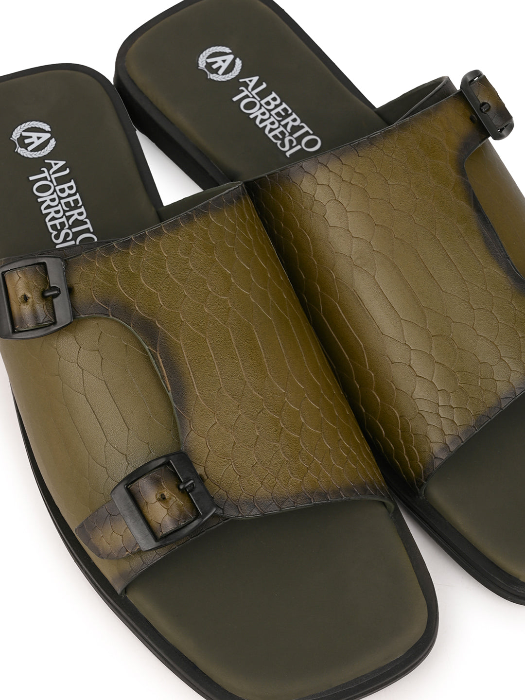 Alberto Torresi Men’s Green Textured Leather Monk-Strap Slide
