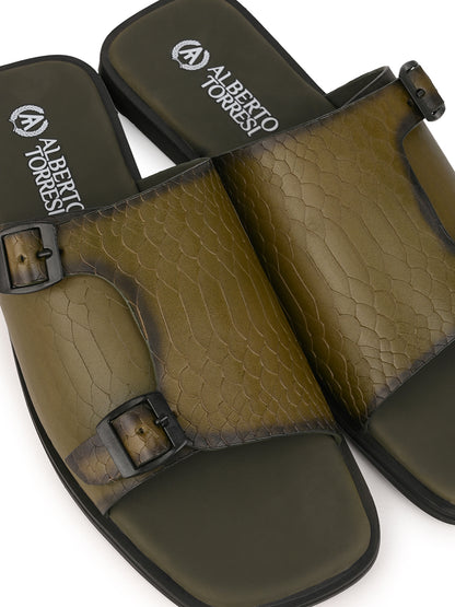 Alberto Torresi Men’s Green Textured Leather Monk-Strap Slide
