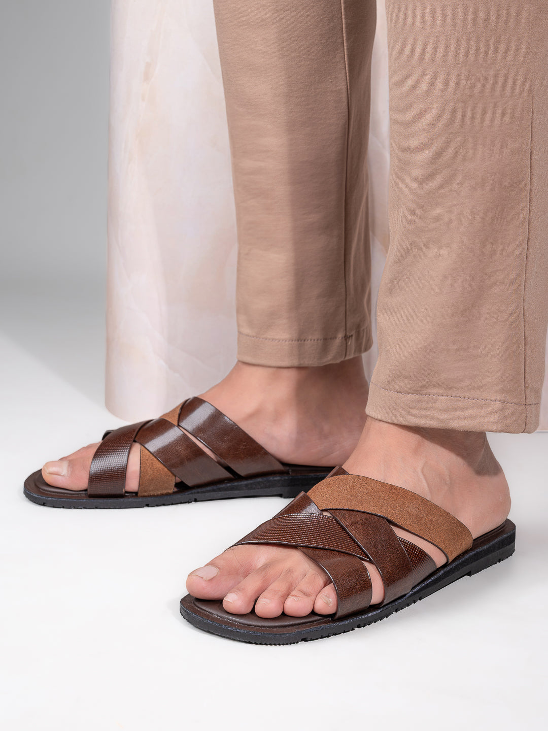 Alberto Torresi 271 Trendy Non Stitched Strap Tan  Leather Slippers