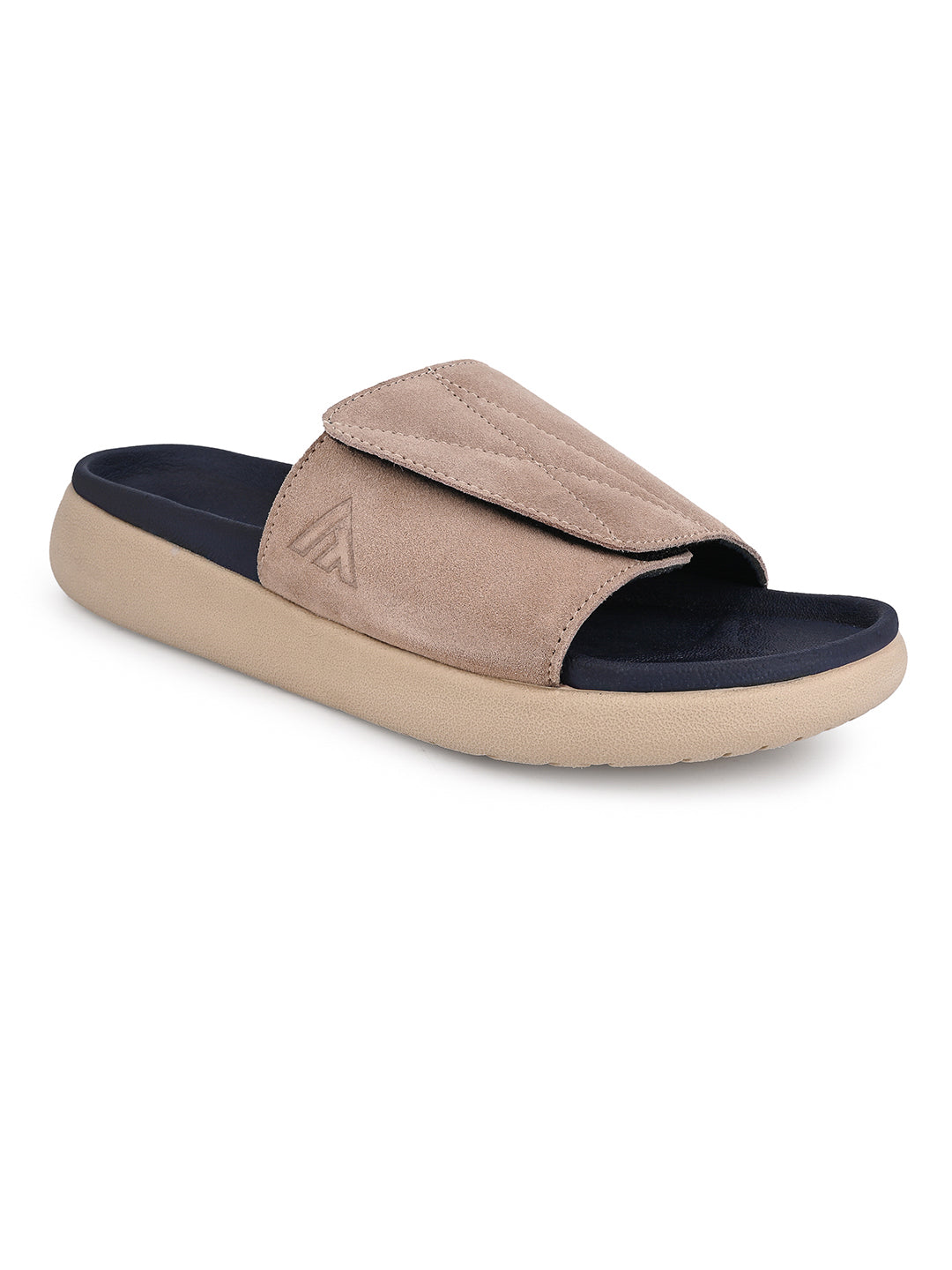 ALBERTO TORRESI Men Beige Suede Leather Adjustable Velcro Strap Comfort Slides