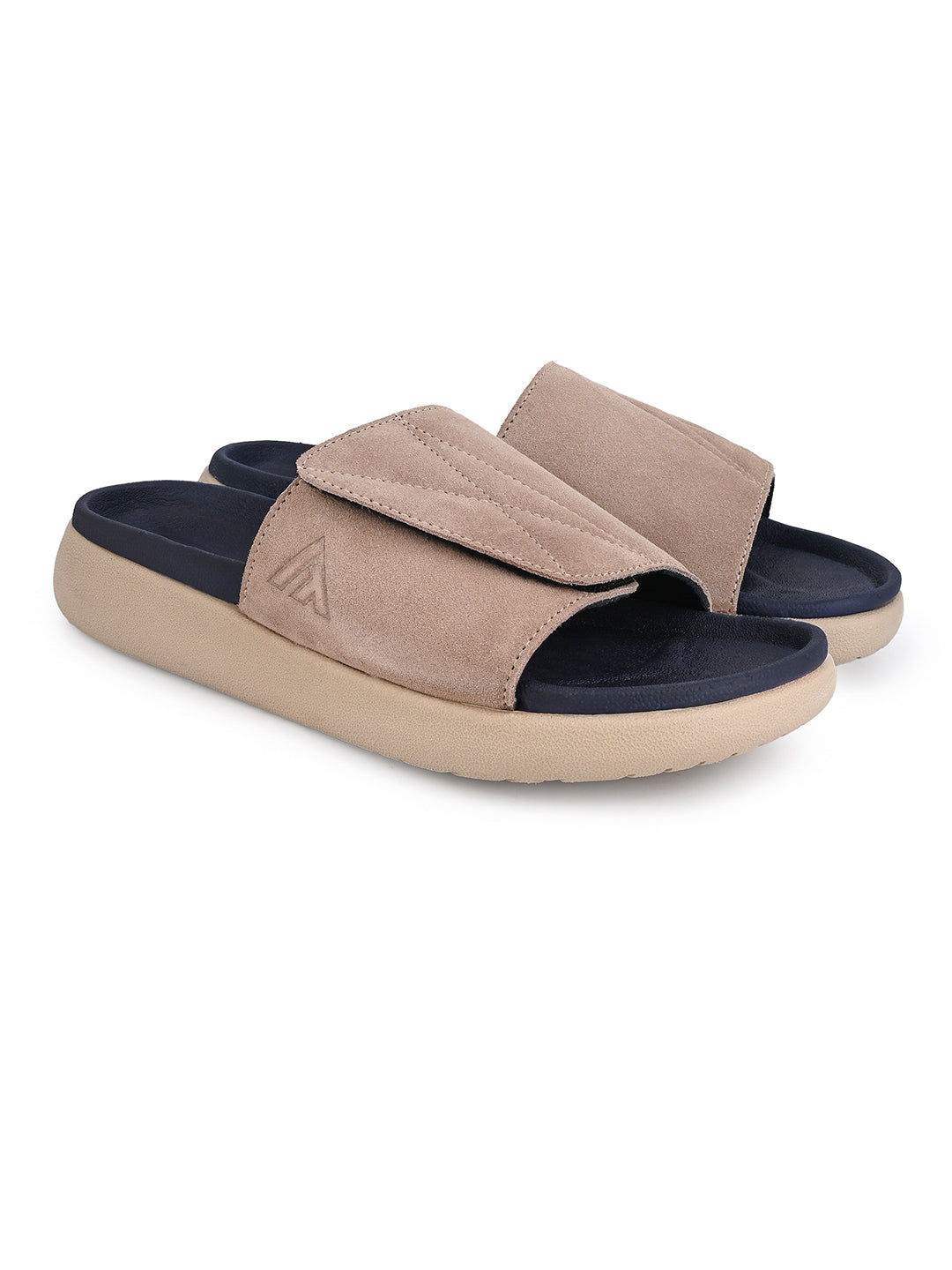 ALBERTO TORRESI Men Beige Suede Leather Adjustable Velcro Strap Comfort Slides