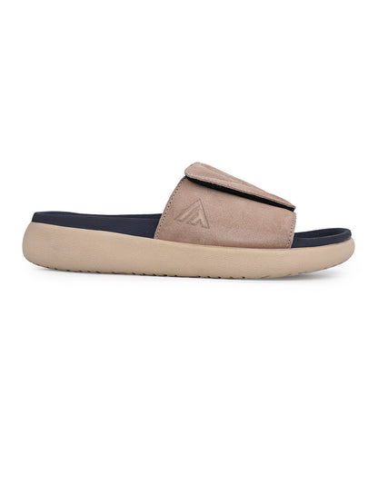 ALBERTO TORRESI Men Beige Suede Leather Adjustable Velcro Strap Comfort Slides